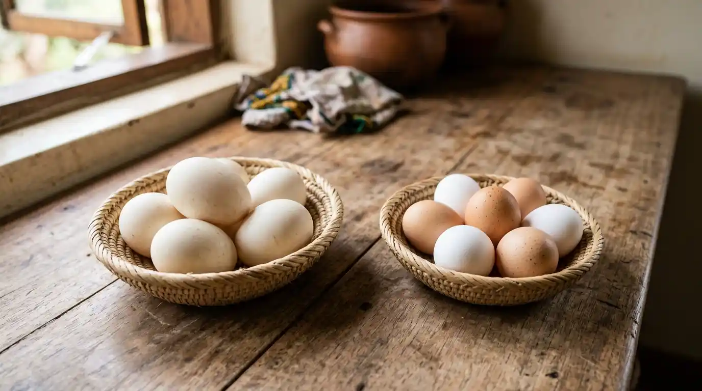 duck eggs vs chicken eggs: both in different trays sitting side by side