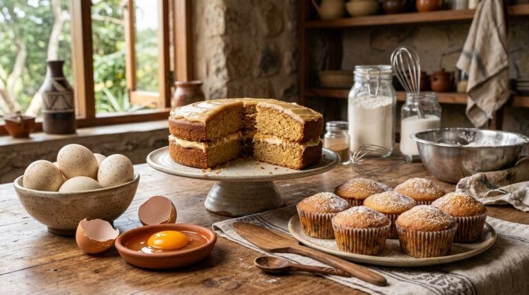 Duck eggs for baking, on the same table with cupcakes and a big cake