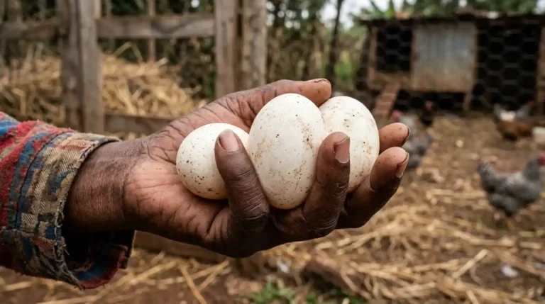 A Farmer holding 3 fresh duck eggs in his hands