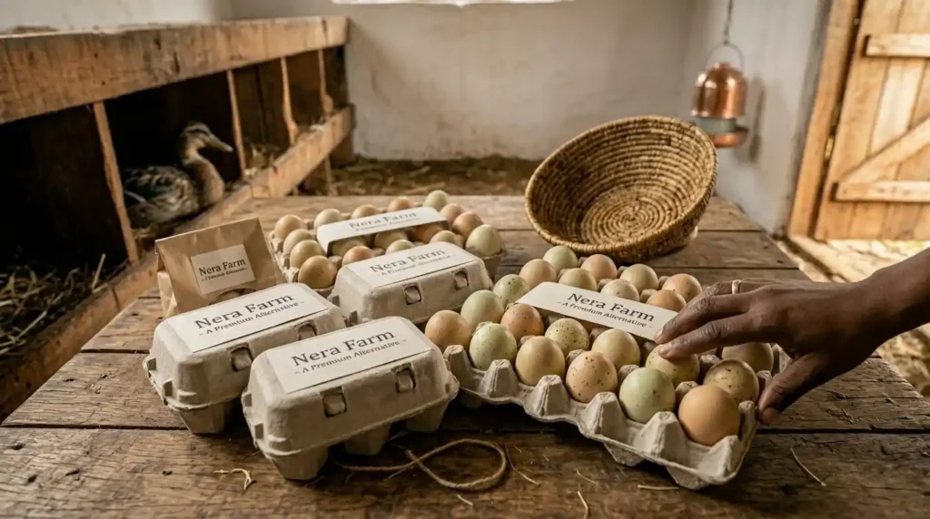 Duck eggs in trays with Nera farm Branding