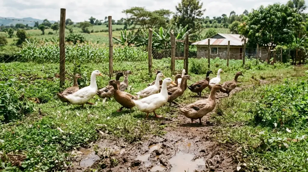 Different duck breeds walking around