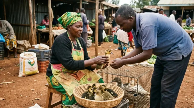A man buying ducklings from a woman in a market