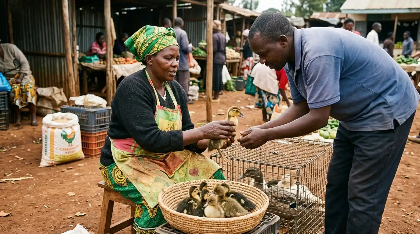 A man buying ducklings from a woman in a market