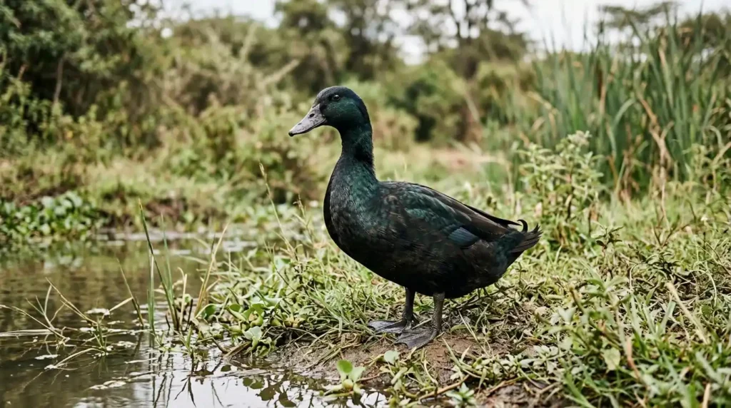 Cayuga_duck_standing_near_water