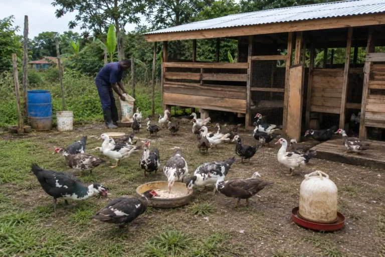 Ducks in a farm and a duck farmer giving feeds_Cost of Starting Duck Farming