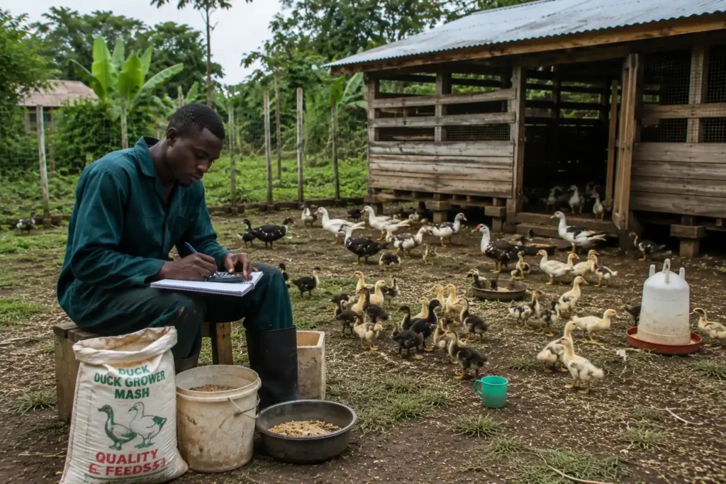 Farmer doing some calculations in a farm as ducks and ducklings walk around