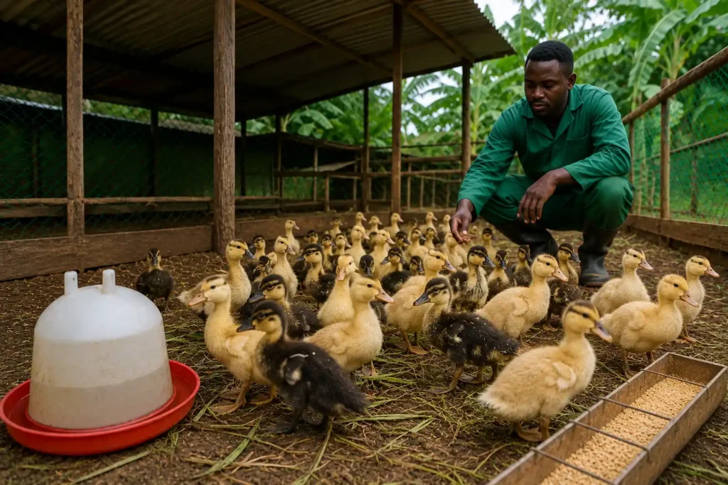A duck farmer caring for several ducklings in a farm
