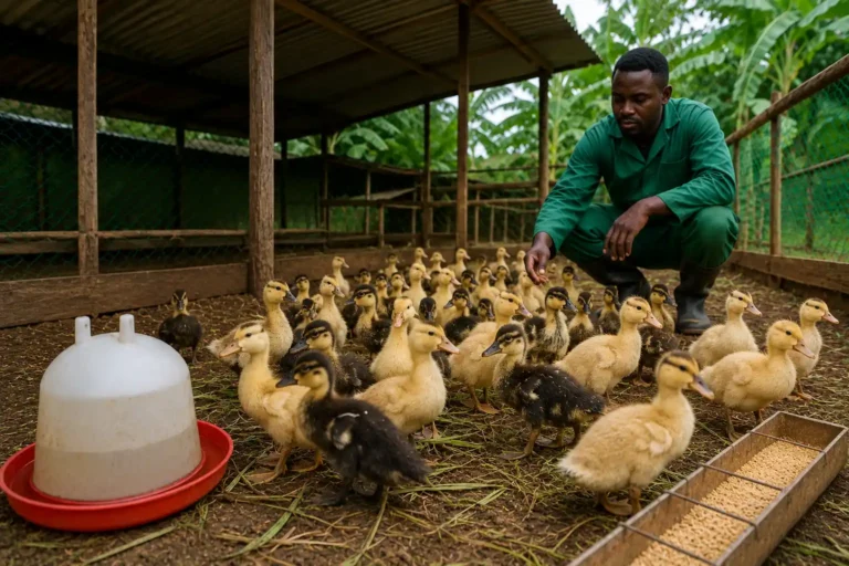 A duck farmer caring for several ducklings in a farm