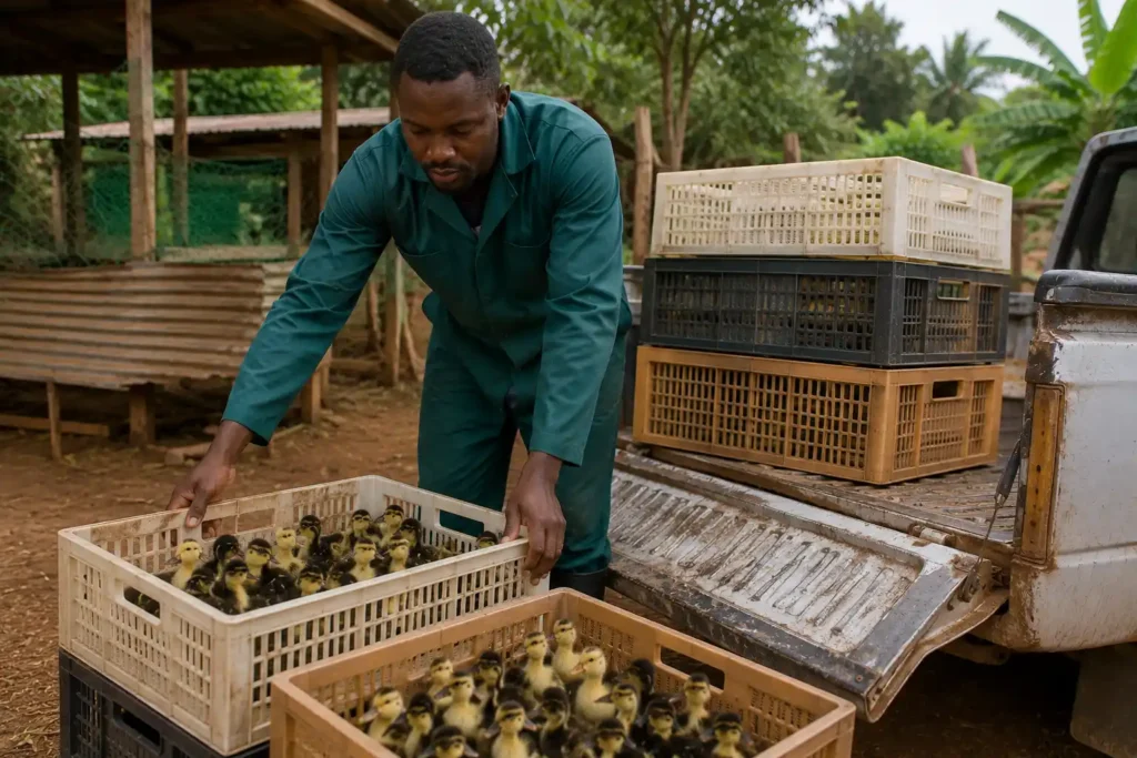 Duck farming loading ducklings in a ventilated crate on a pickup