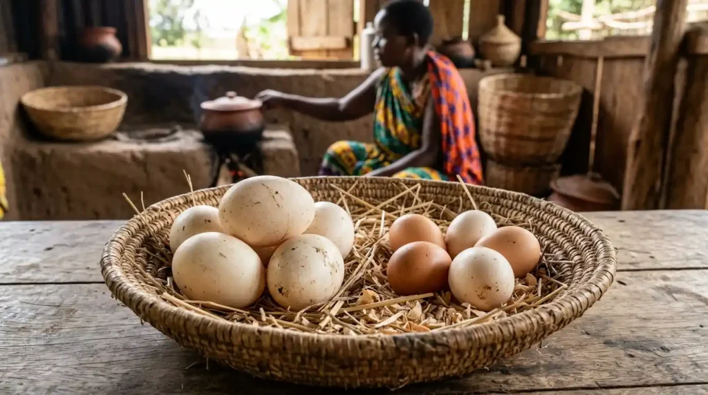 Duck eggs next to chicken eggs