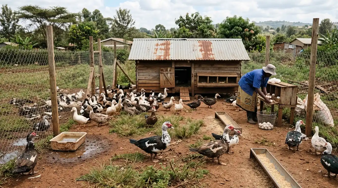 Duck farming in kenya: muscovy and pekin ducks in a small farm and a farmer picking duck eggs