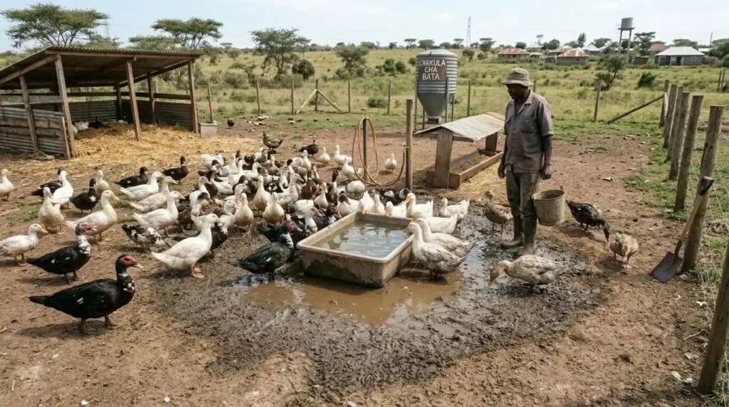 Farmer standing in a farmer looking at his ducks as they feed