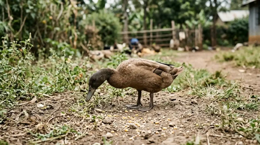 Khaki Campbell duck feeding