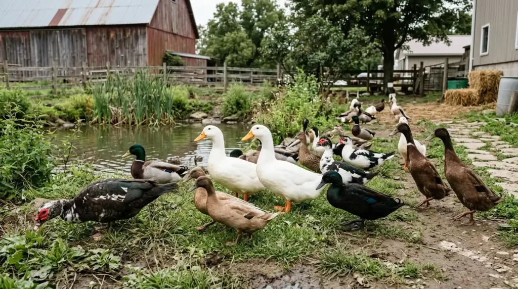 Different duck breeds foraging near a water body