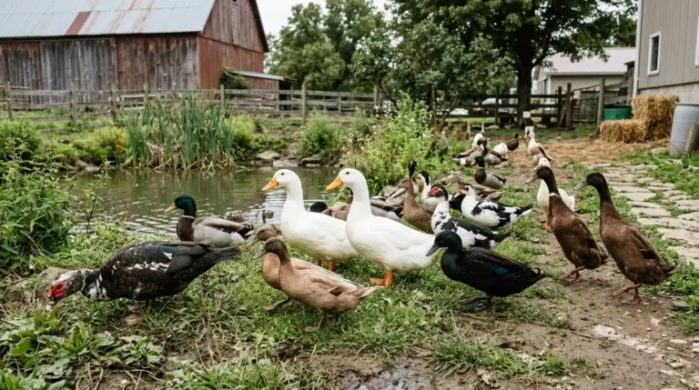 Different duck breeds foraging near a water body