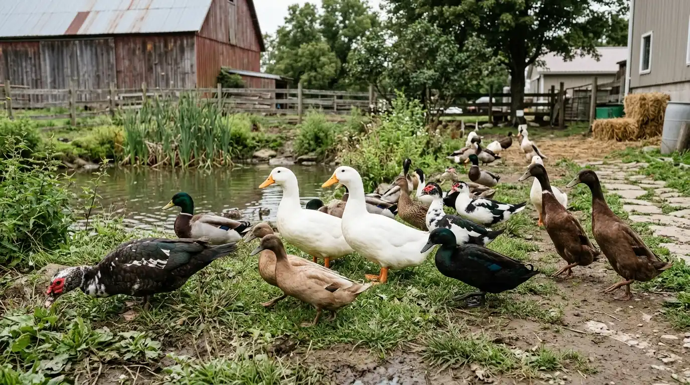 Different duck breeds foraging near a water body