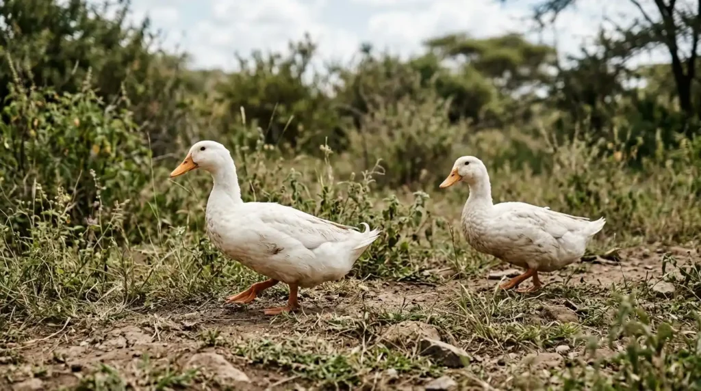 Two Pekin ducks walking around
