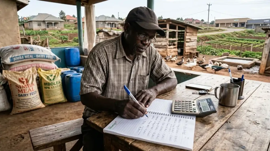 a man sitting at a farm doing some calculations, ducks in the background