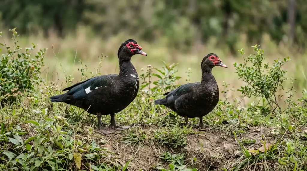 two muscovy ducks standing side by side