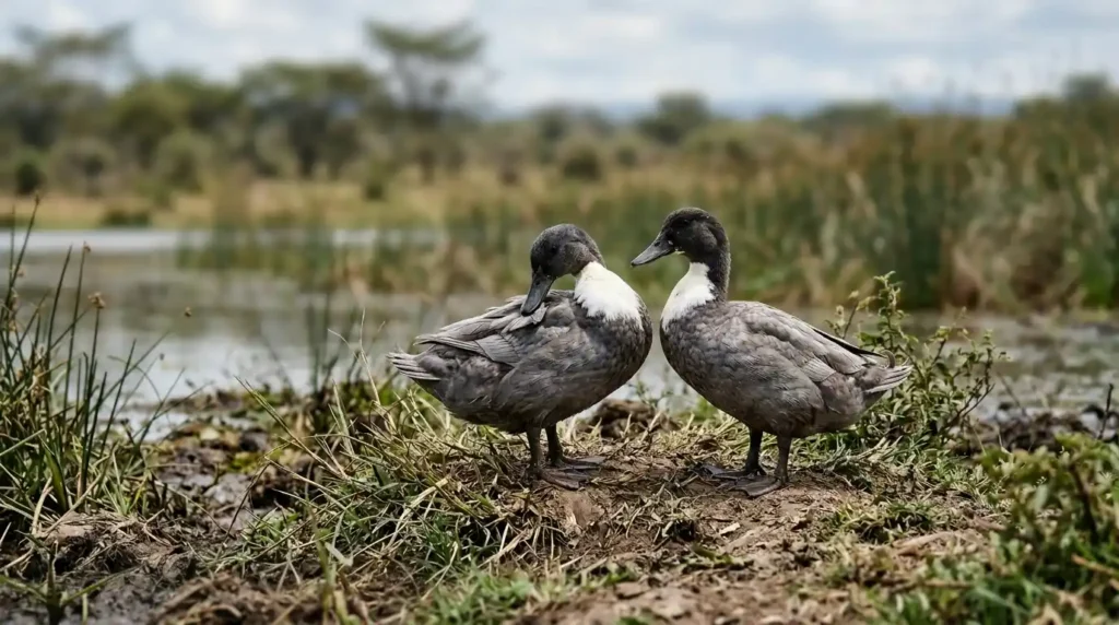 two blue swedish ducks standing side by side