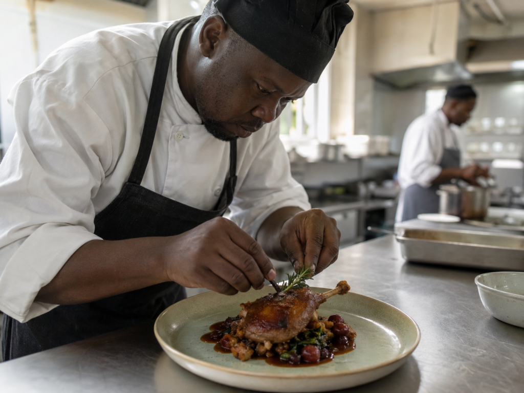 a kenyan chef plating duck meat