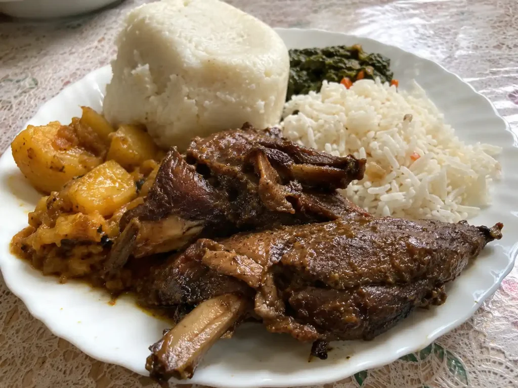Cooked duck meat served with a meal in Kenya