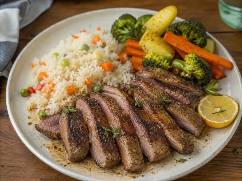 Healthy meal including duck stake rice and vegies